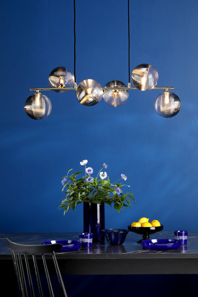 Dar Spiral 6 Light Bar Pendant Matt Gold & Smoked/Clear Ribbed Glass –  from Amos Lighting + Home