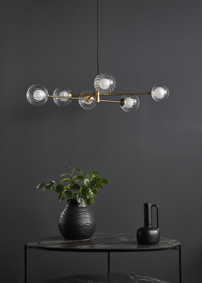 Dar Vignette 6 Light Pendant Aged Brass & Clear/Opal Glass – Amos