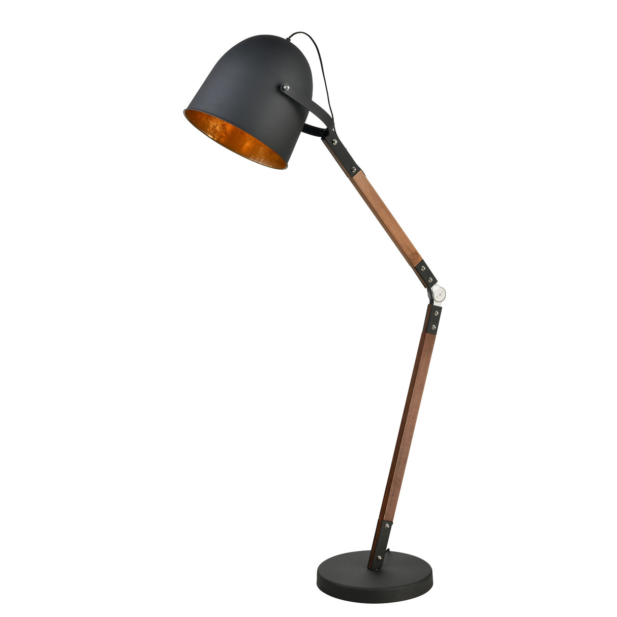 Modern floor lamp with black metal shade and wooden adjustable arm on round base
