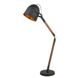 Modern floor lamp with black metal shade and wooden adjustable arm on round base