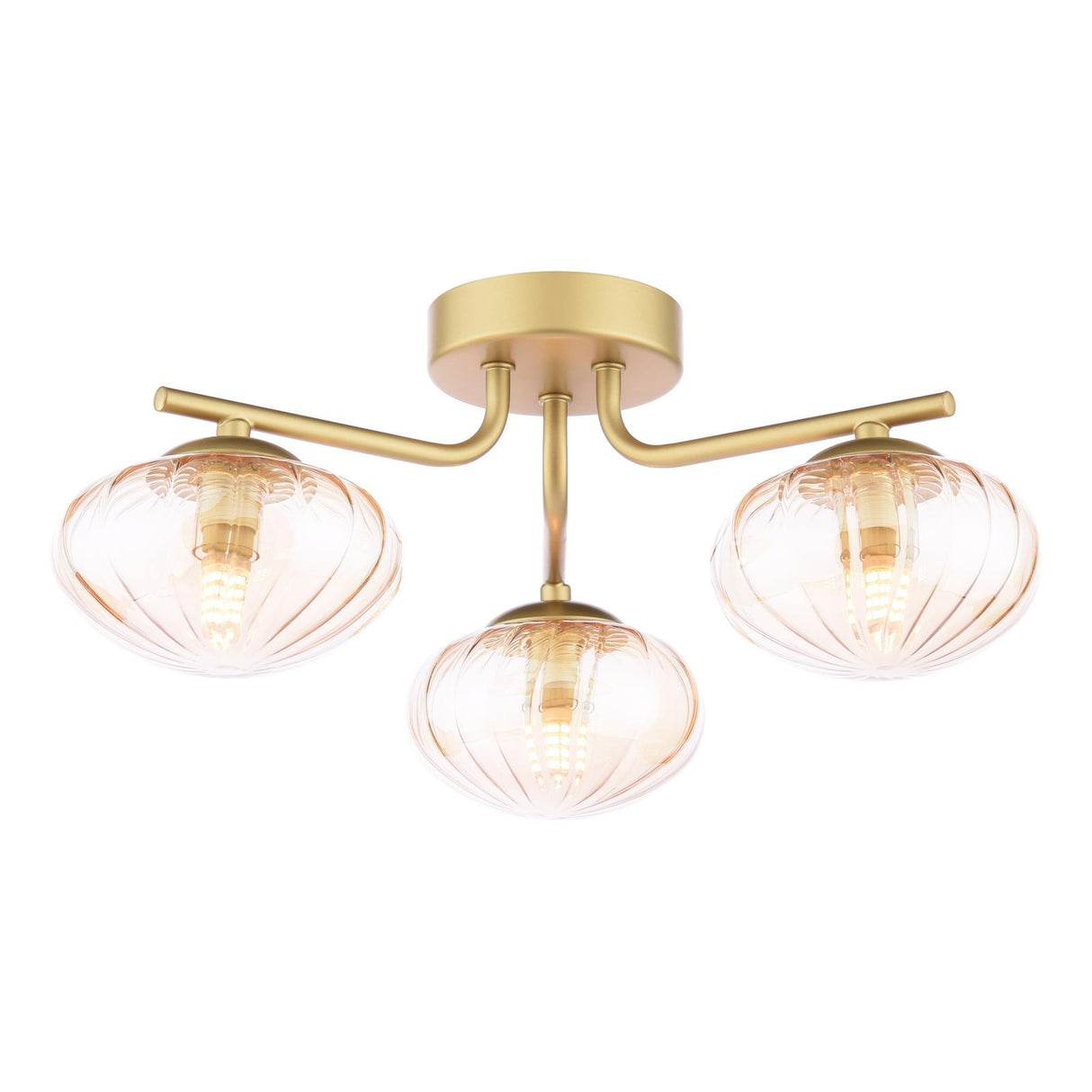 Dar Ede 3 Light Semi-Flush Satin Gold and Amber Glass