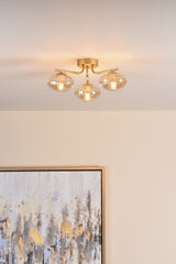 Dar Ede 3 Light Semi-Flush Satin Gold and Amber Glass