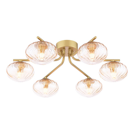 Dar Ede 6 Light Semi-Flush Satin Gold and Amber Glass