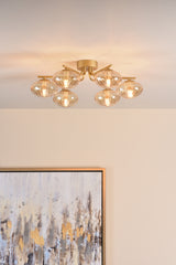 Dar Ede 6 Light Semi-Flush Satin Gold and Amber Glass