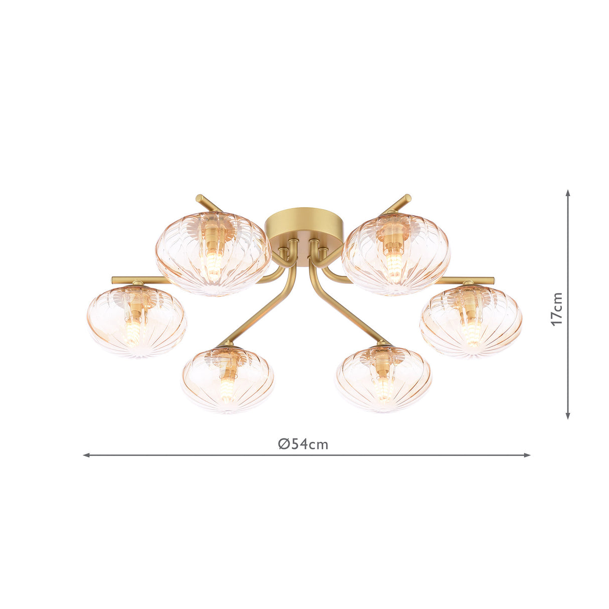 Dar Ede 6 Light Semi-Flush Satin Gold and Amber Glass