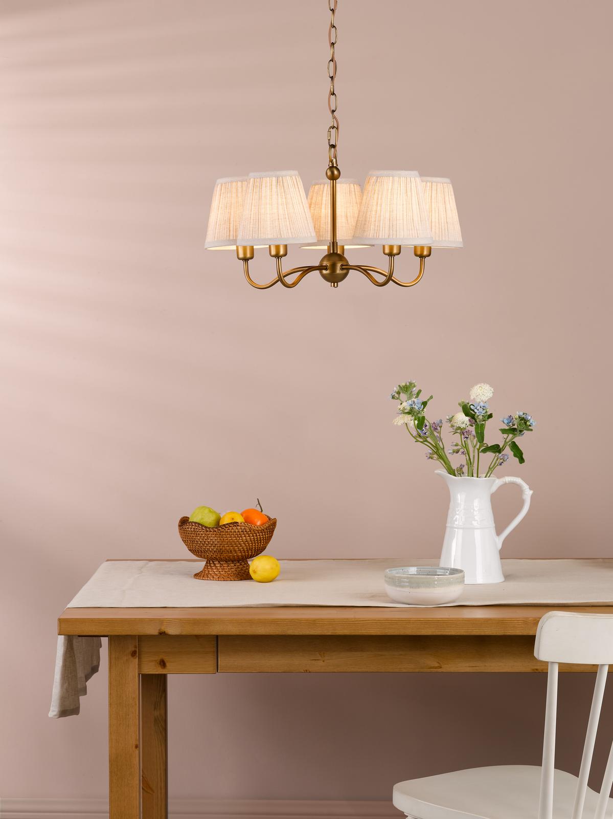 Dar Elara 5 Light Pendant Antique Bronze With Natural Linen Pleated Shades