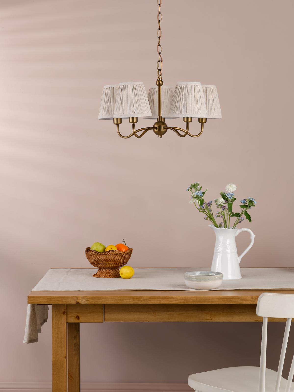 Dar Elara 5 Light Pendant Antique Bronze With Natural Linen Pleated Shades
