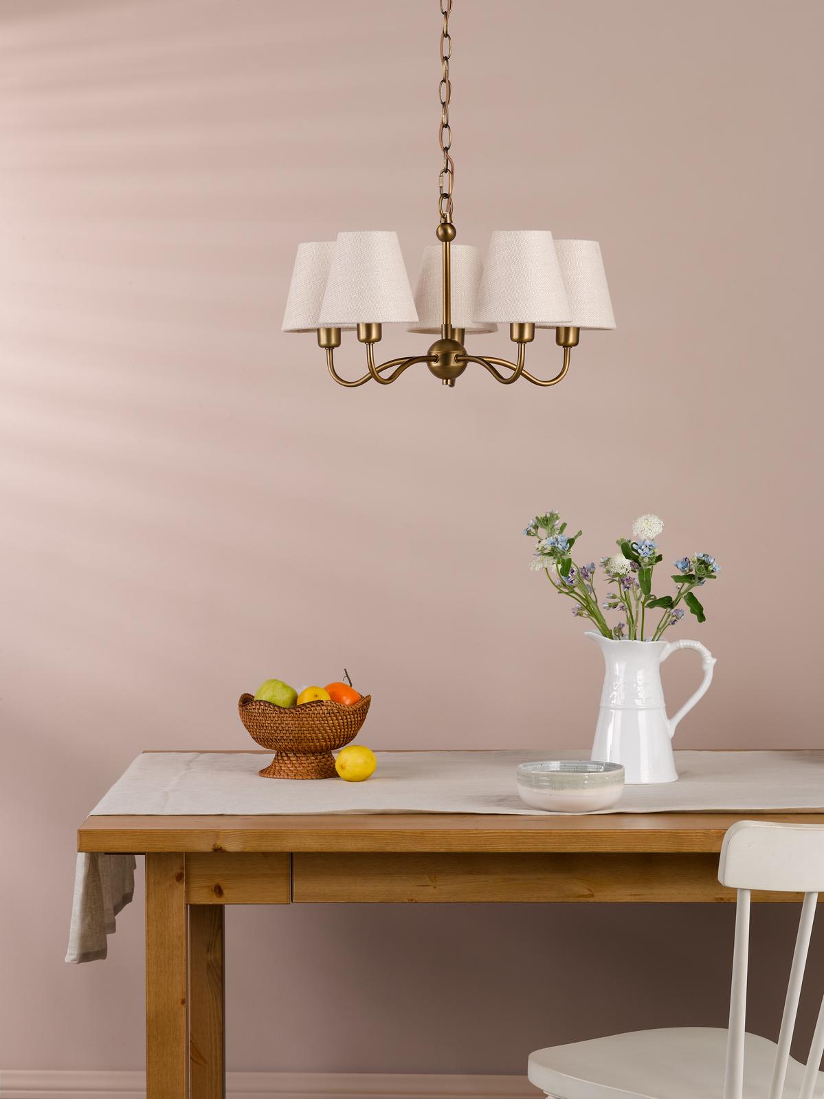 Dar Elara 5 Light Pendant Antique Bronze With Linen Hardback Shades