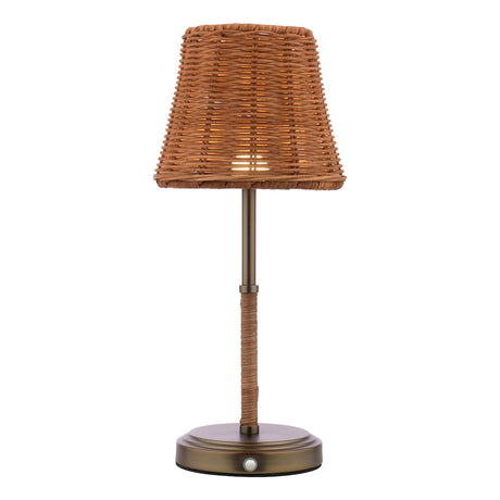 Joules Elcot Rechargeable LED Table Lamp Satin Bronze With Rattan Shade