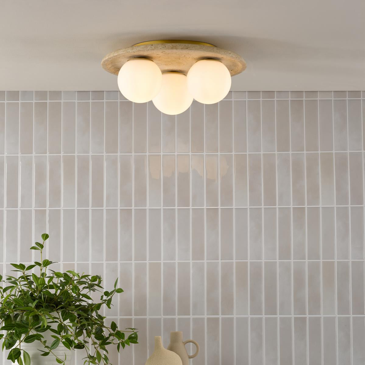 Dar Elgor 3 Light Bathroom Ceiling Light Travertine and Opal Glass IP44