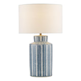 Dar Ennio Table Lamp Blue Ceramic and Antique Brass With Linen Shade
