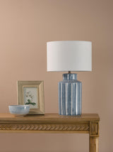 Dar Ennio Table Lamp Blue Ceramic and Antique Brass With Linen Shade