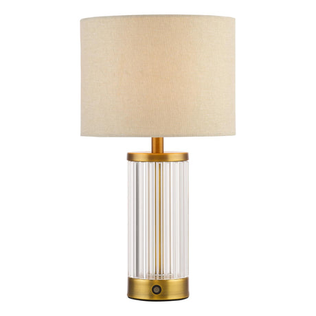 Dar Enrico Rechargeable Table Lamp Antique Bronze and Ribbed Glass With Linen Shade LED