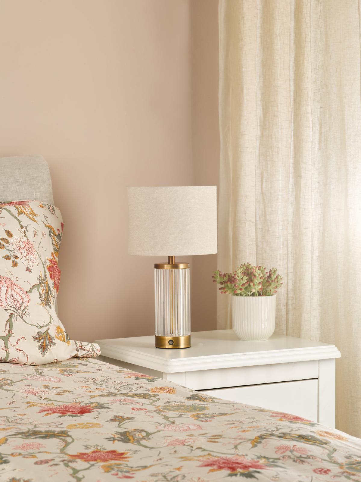 Dar Enrico Rechargeable Table Lamp Antique Bronze and Ribbed Glass With Linen Shade LED