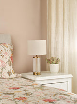 Dar Enrico Rechargeable Table Lamp Antique Bronze and Ribbed Glass With Linen Shade LED