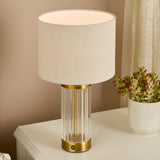 Dar Enrico Rechargeable Table Lamp Antique Bronze and Ribbed Glass With Linen Shade LED
