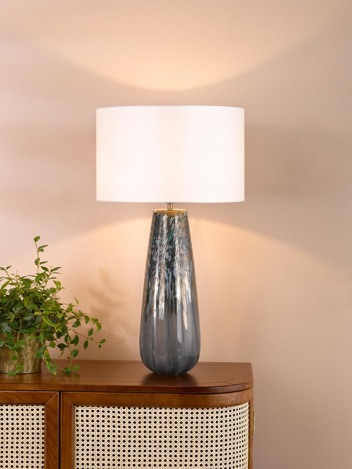 Dar Erdis Table Lamp Blue Art Glass and Antique Bronze With Ivory Shade