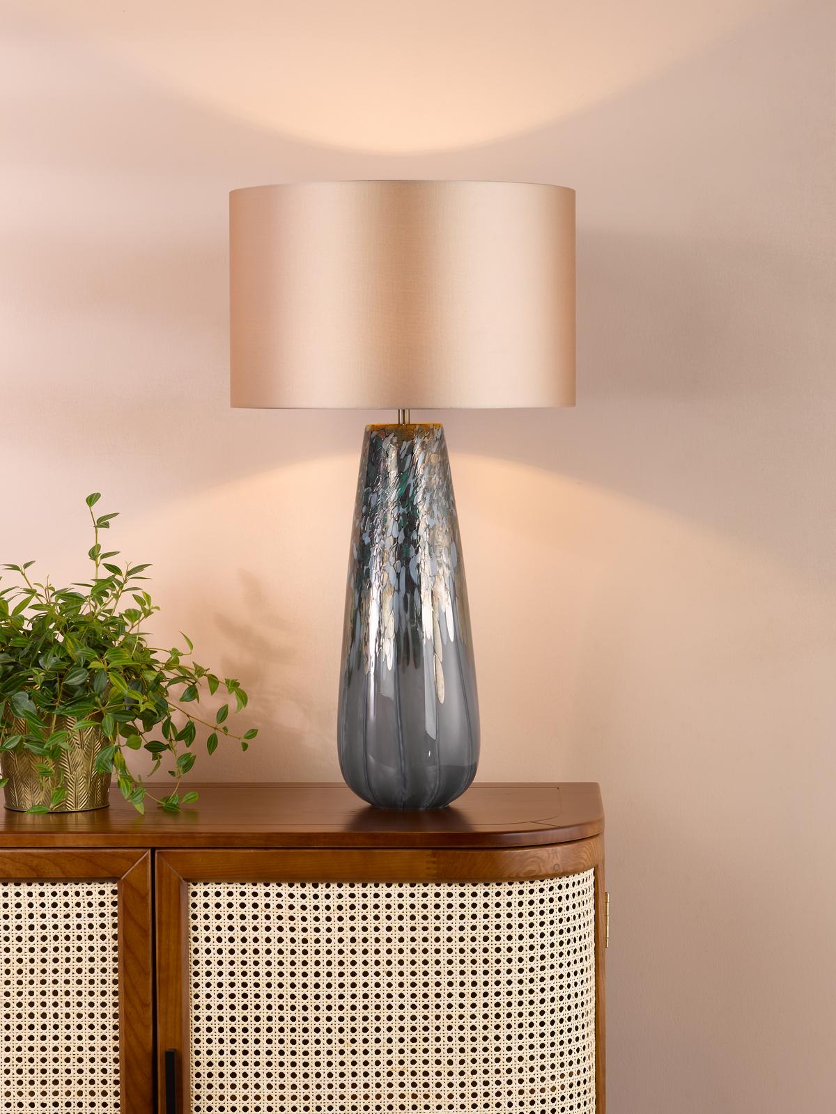 Dar Erdis Table Lamp Blue Art Glass and Antique Bronze With Taupe Shade