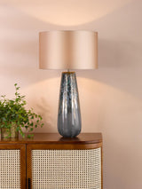 Dar Erdis Table Lamp Blue Art Glass and Antique Bronze With Taupe Shade