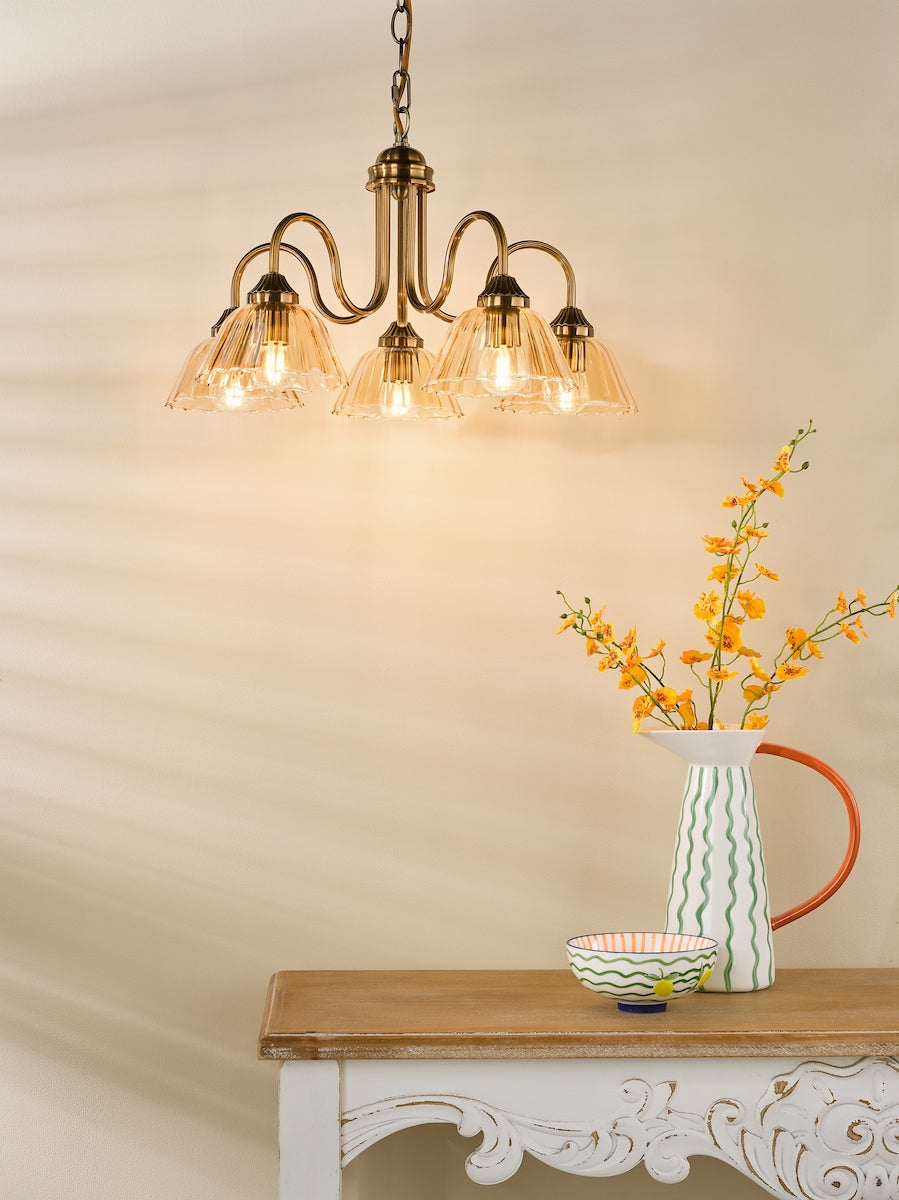 Dar Erika 5 Light Pendant Antique Bronze Amber Glass