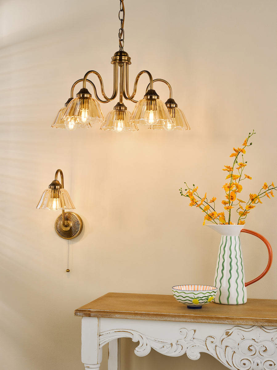 Dar Erika 5 Light Pendant Antique Bronze and Amber Glass