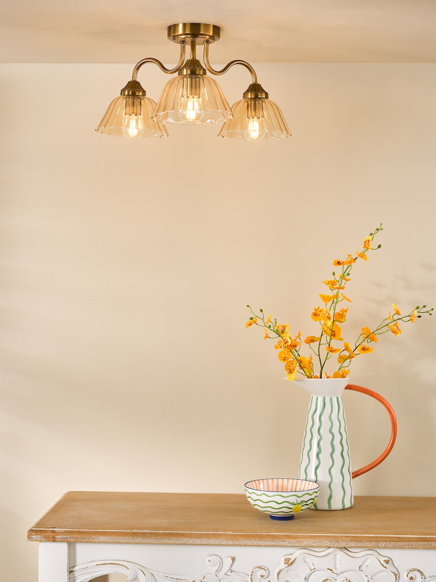 Dar Erika 3 Light Semi-Flush Antique Bronze and Amber Glass