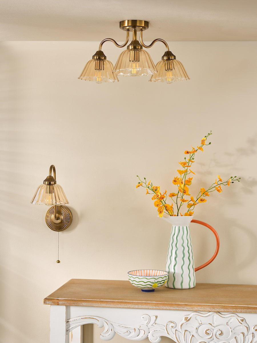 Dar Erika 3 Light Semi-Flush Antique Bronze and Amber Glass