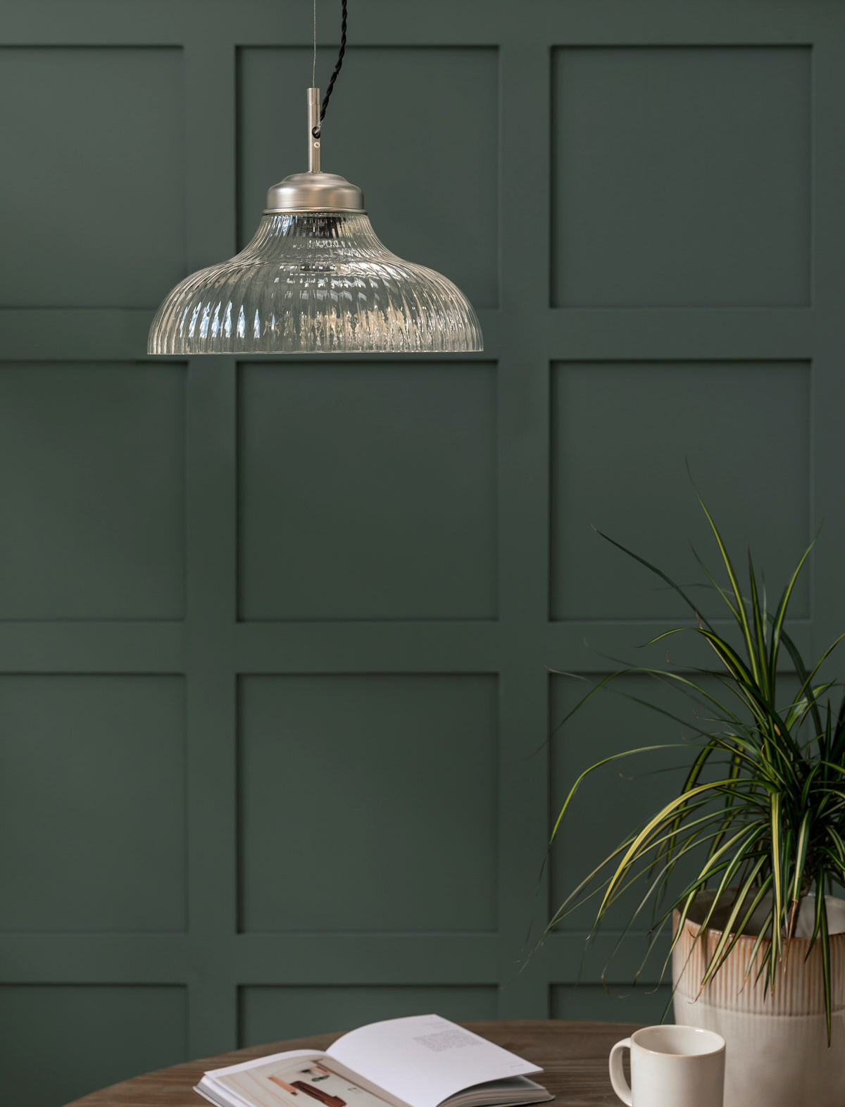 Garden Trading Fovant Fluted Glass Pendant Light Satin Nickel Finish