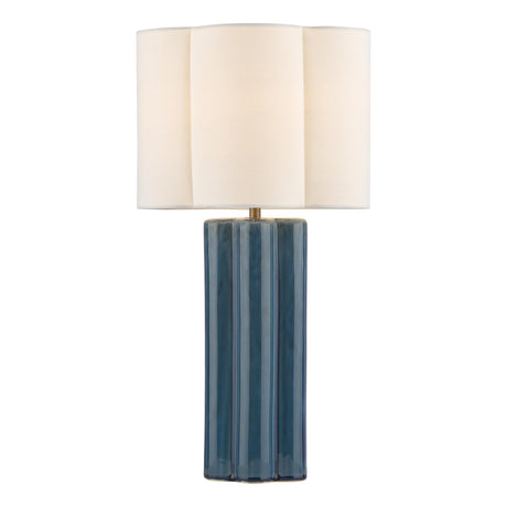 Dar Fiyan Table Lamp Blue Ceramic and Antique Brass With Scallop LInen Shade