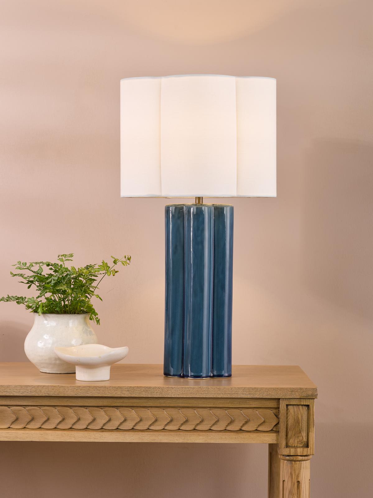 Dar Fiyan Table Lamp Blue Ceramic and Antique Brass With Scallop LInen Shade