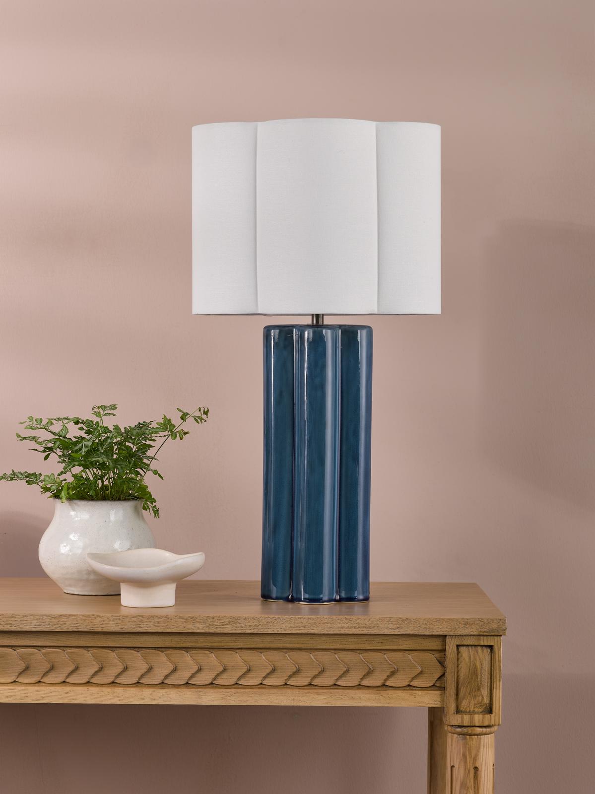 Dar Fiyan Table Lamp Blue Ceramic and Antique Brass With Scallop LInen Shade