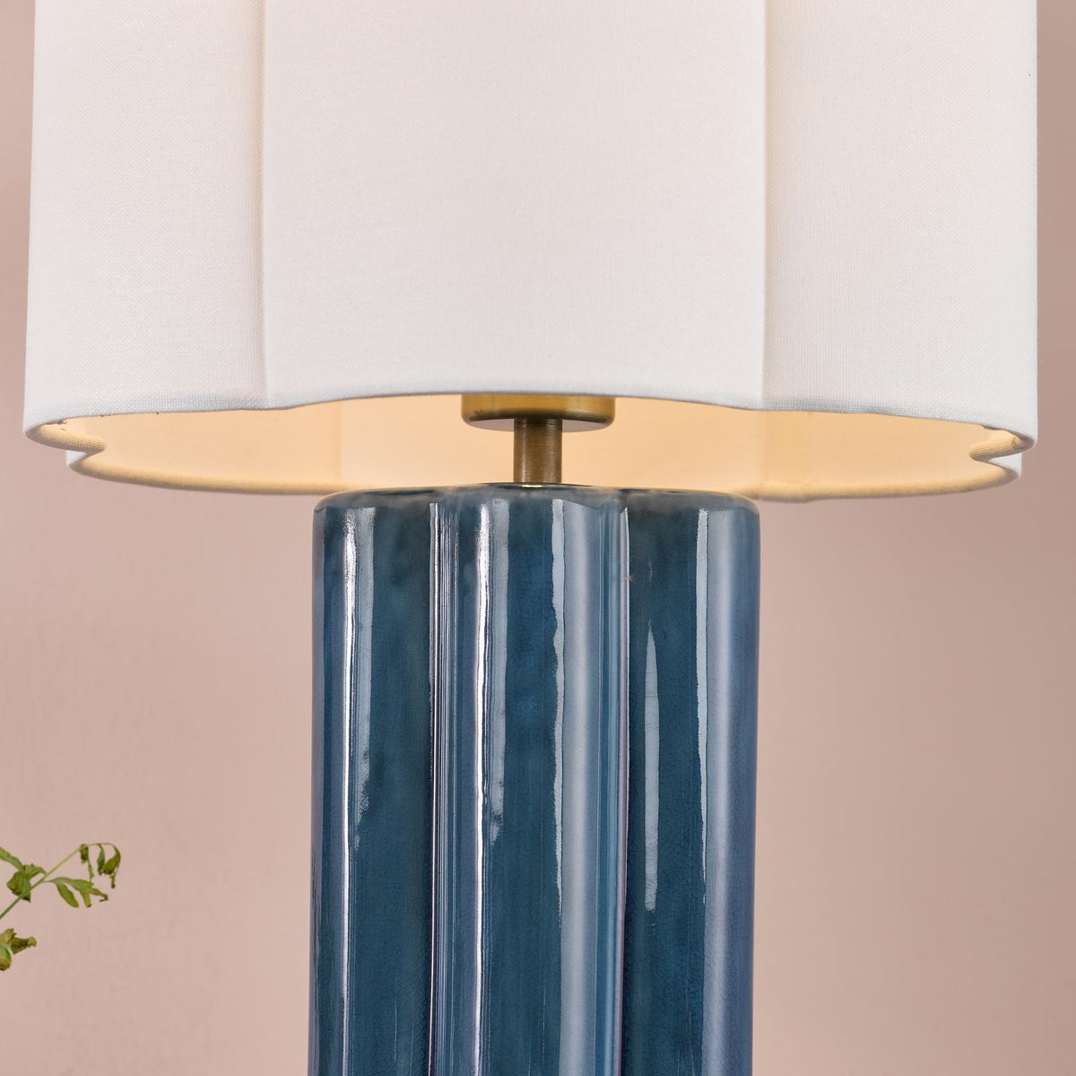 Dar Fiyan Table Lamp Blue Ceramic and Antique Brass With Scallop LInen Shade