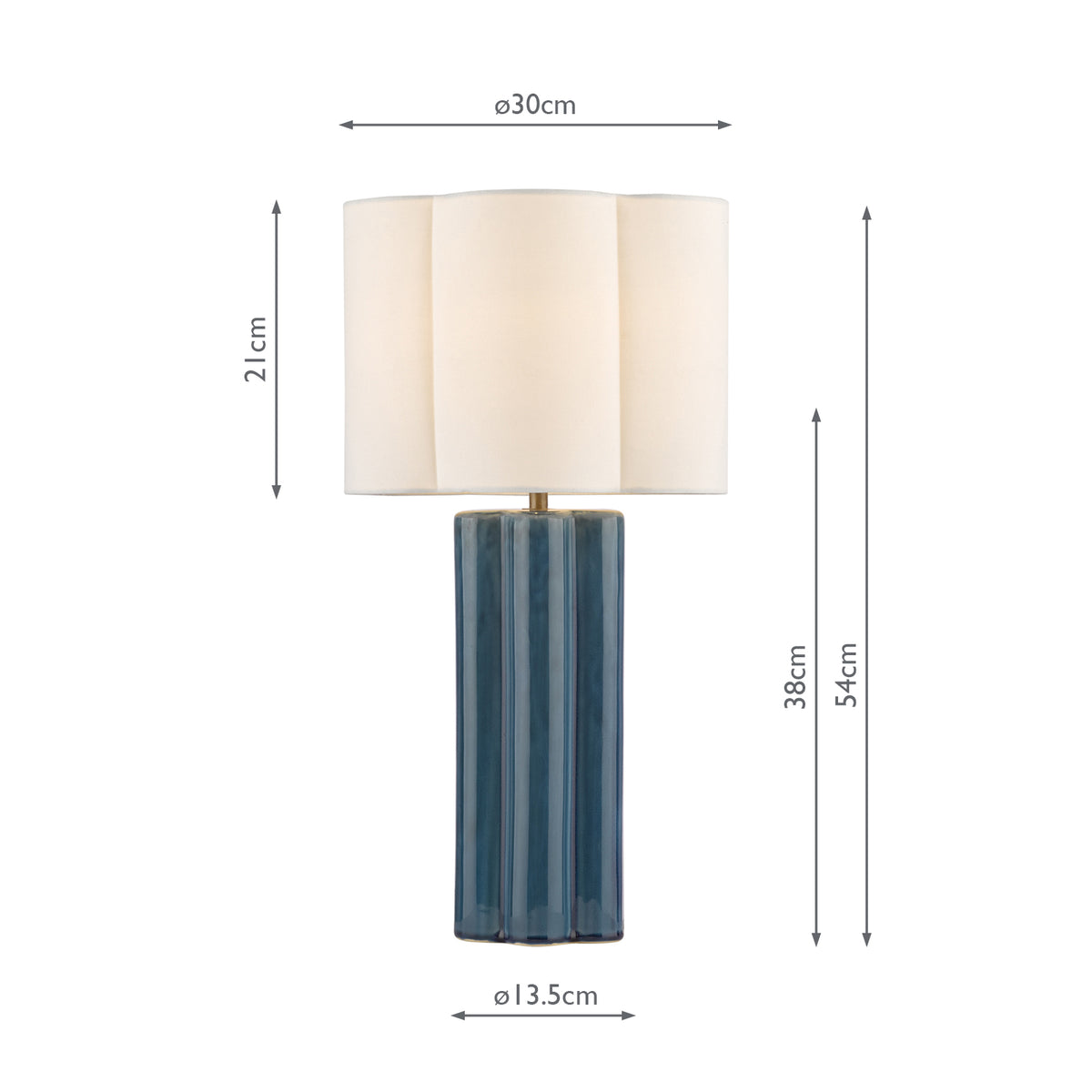 Dar Fiyan Table Lamp Blue Ceramic and Antique Brass With Scallop LInen Shade