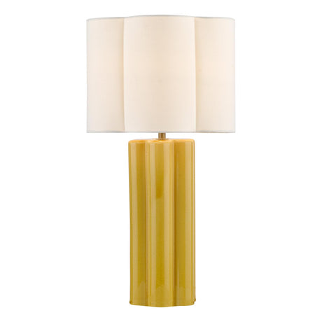 Dar Fiyan Table Lamp Yellow Ceramic and Antique Brass With Scallop LInen Shade