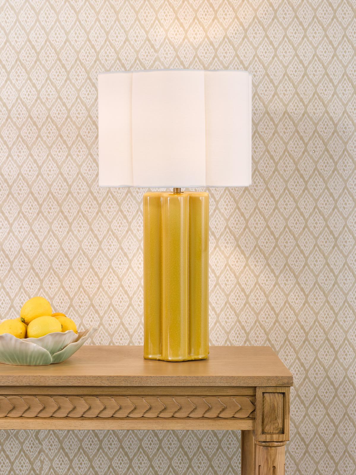 Dar Fiyan Table Lamp Yellow Ceramic and Antique Brass With Scallop LInen Shade