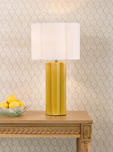 Dar Fiyan Table Lamp Yellow Ceramic and Antique Brass With Scallop LInen Shade