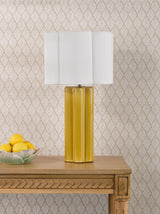 Dar Fiyan Table Lamp Yellow Ceramic and Antique Brass With Scallop LInen Shade