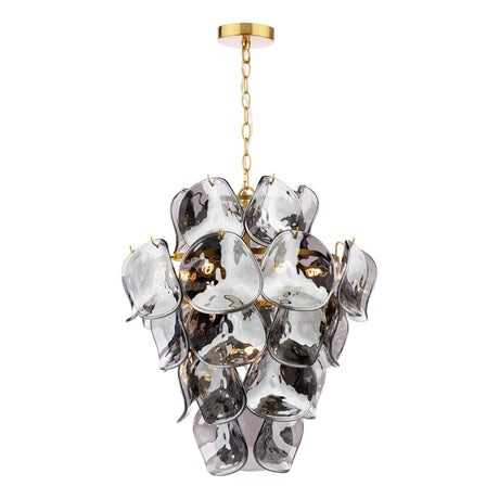 Dar Genoa 8 Light Pendant Chandelier Natural Brass and Smoked Glass