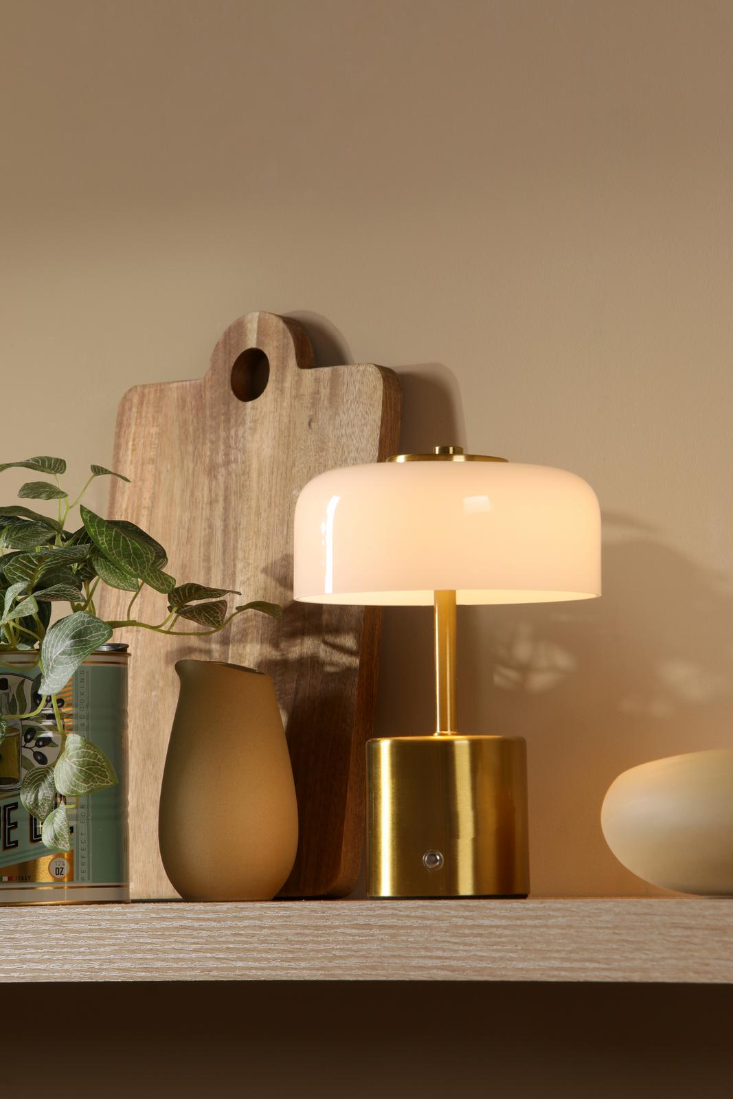 Dar Gidget Rechargeable Table Lamp Natural Brass and Opal Glass LED