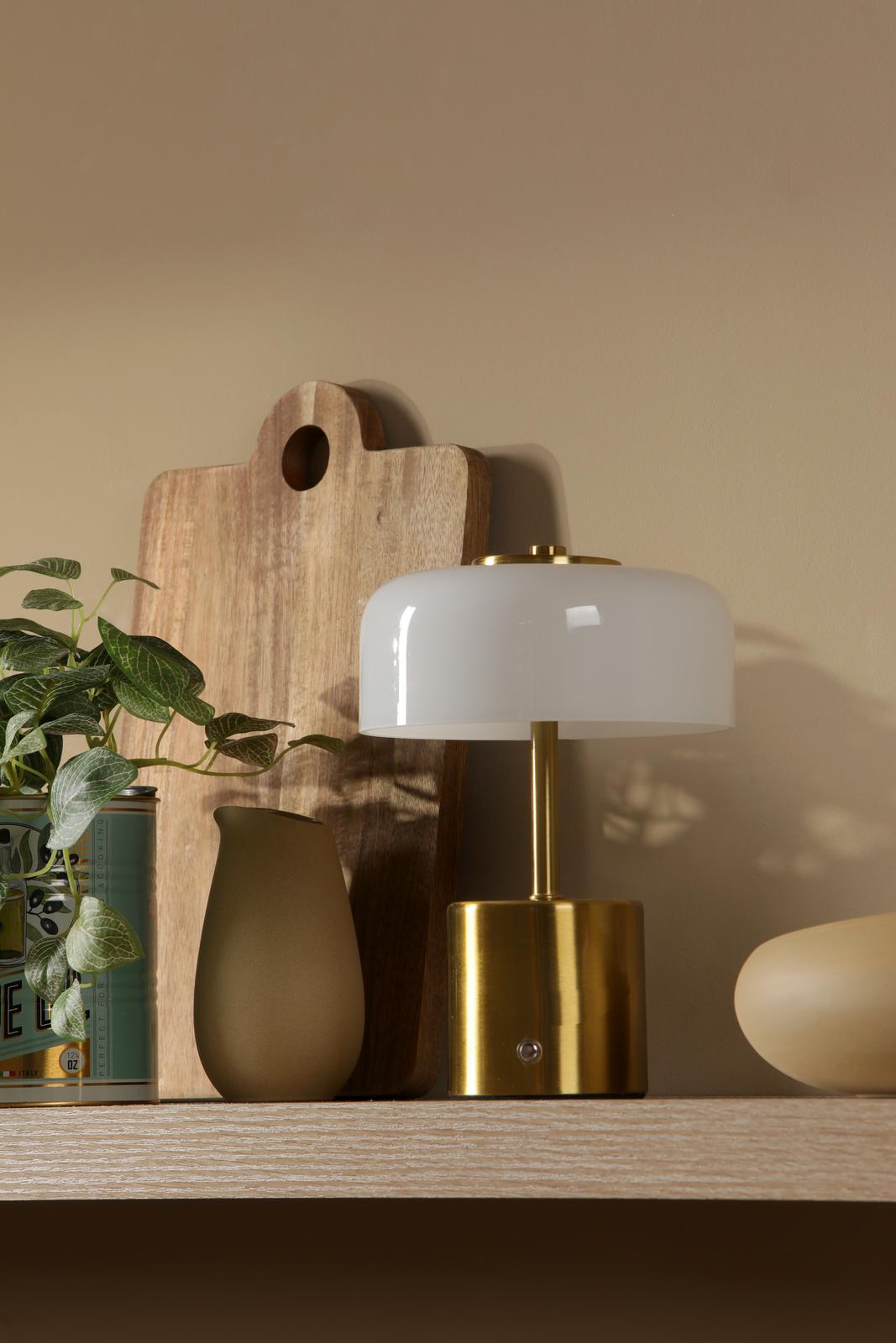 Dar Gidget Rechargeable Table Lamp Natural Brass and Opal Glass LED