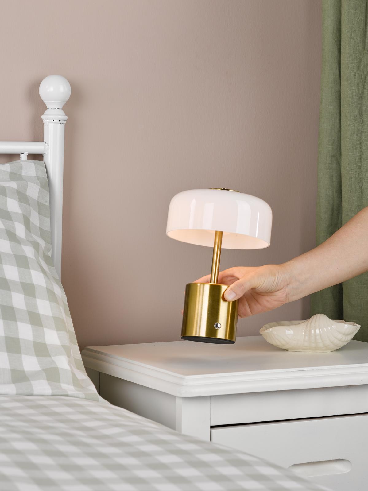 Dar Gidget Rechargeable Table Lamp Natural Brass and Opal Glass LED