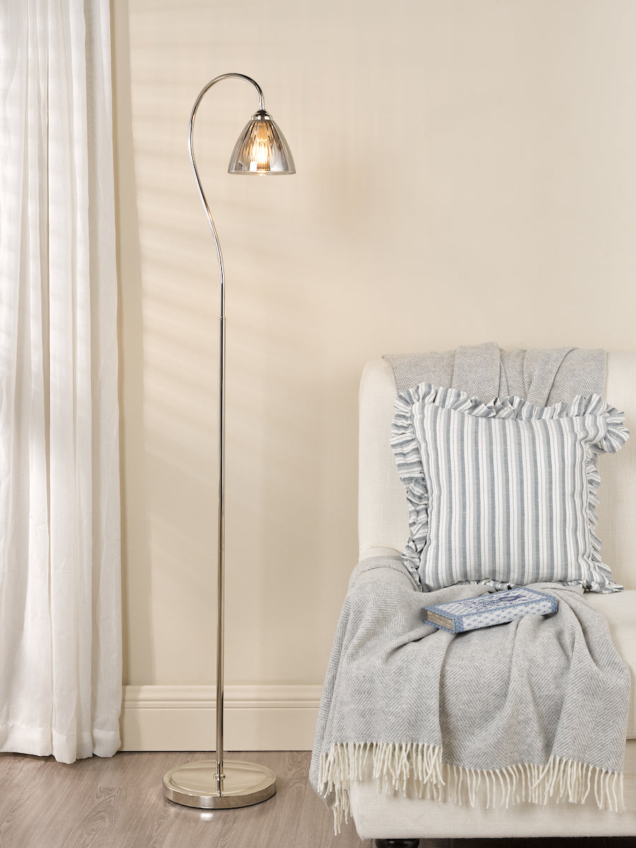 Dar Glynis Floor Lamp Polished Nickel and Smoked Ribbed Glass