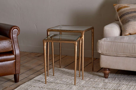 Nkuku Gilasi Cast Metal & Glass Nesting Side Tables Antique Brass (Set of 2)