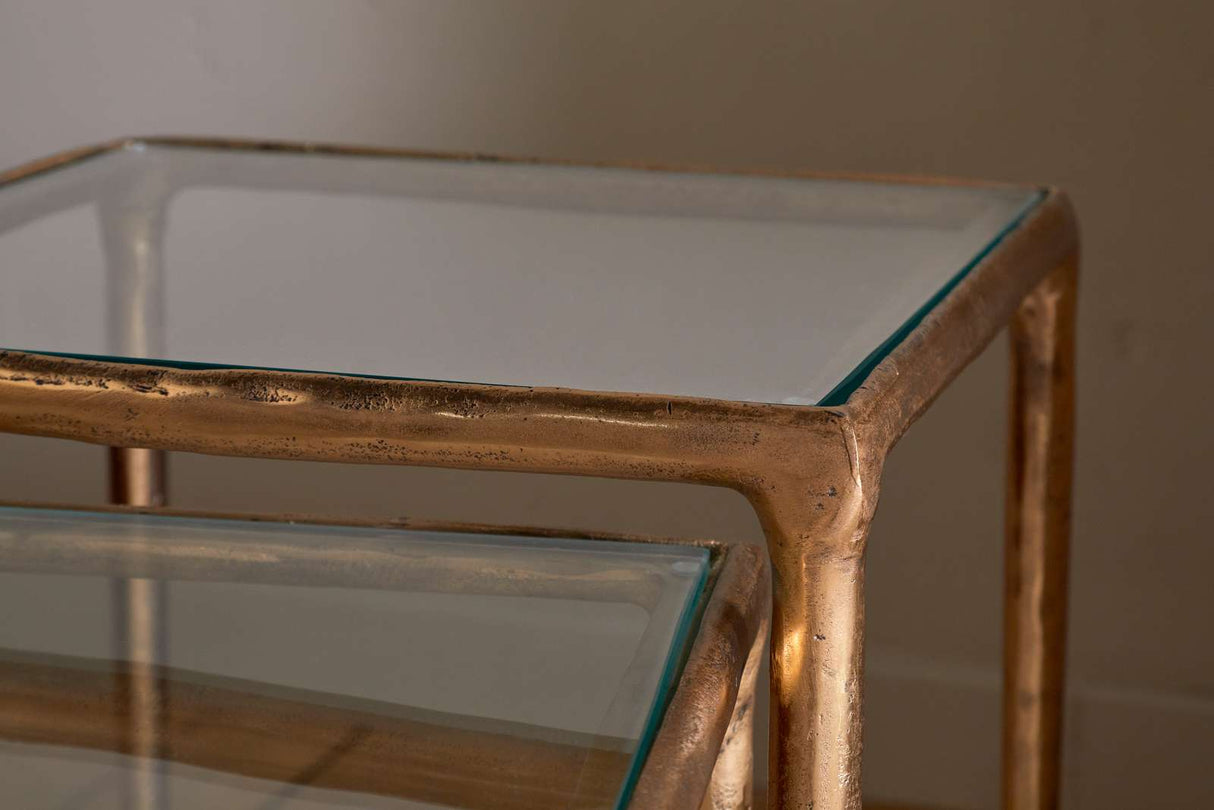 Nkuku Gilasi Cast Metal & Glass Nesting Side Tables Antique Brass (Set of 2)
