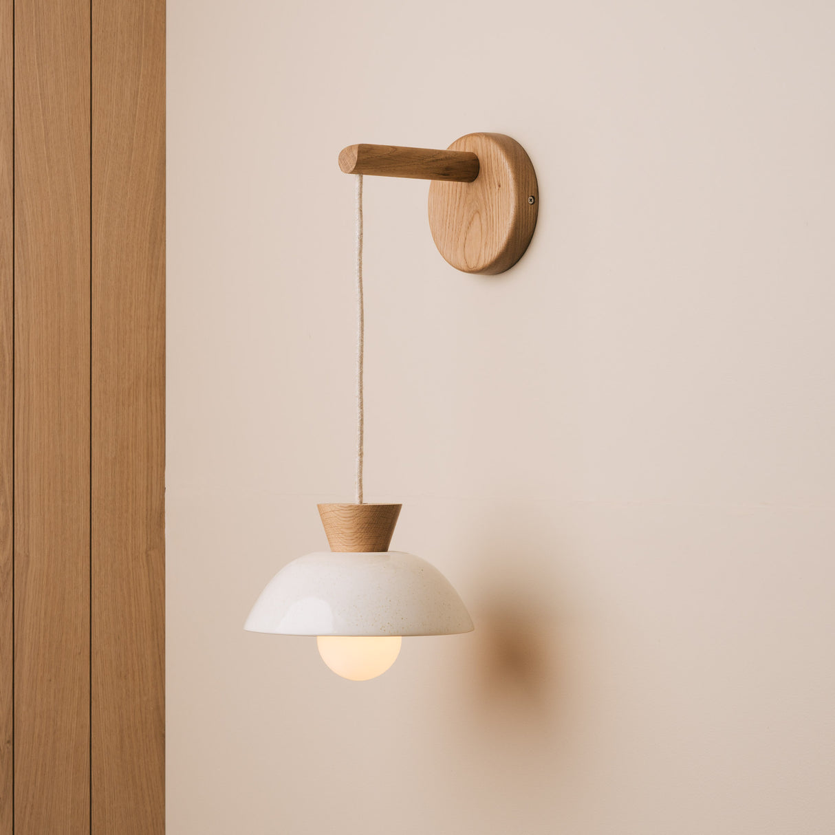 Studio Haran Small Dawn Hanging Wall Light in Ceramic and Oak