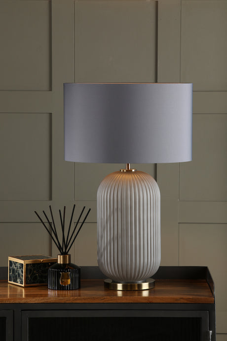 Dar Helicon Table Lamp Grey Ribbed Glass and Antique Brass With Shade –  from Amos Lighting + Home