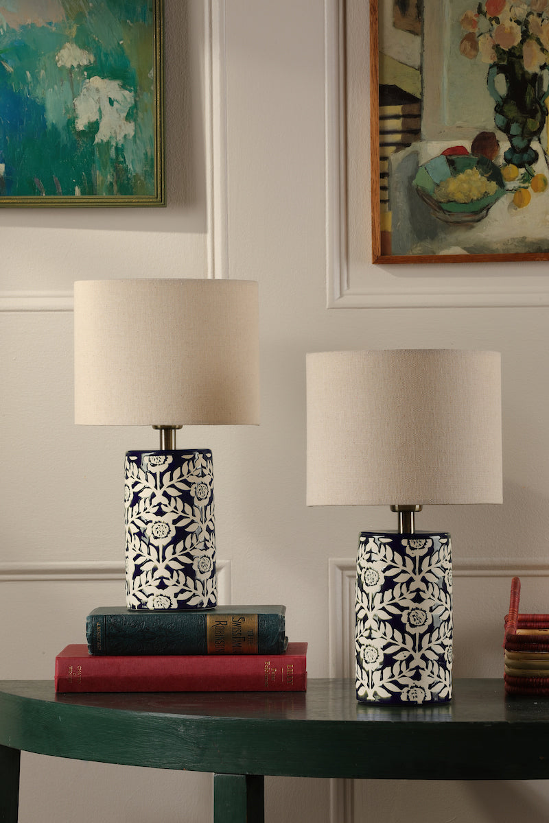 Joules Highclere Twin Pack Table Lamp Blue Ceramic With Shade