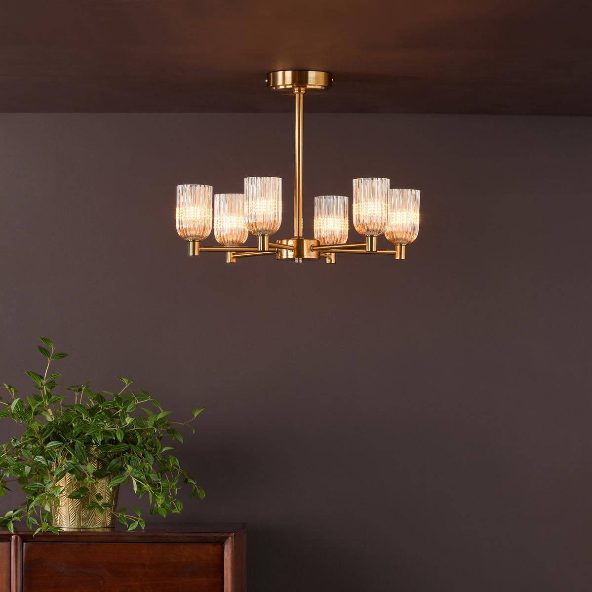 Dar Hilaria 6 Light Semi-Flush Antique Gold and Amber Ribbed Glass