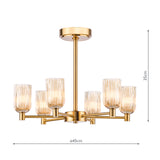 Dar Hilaria 6 Light Semi-Flush Antique Gold and Amber Ribbed Glass