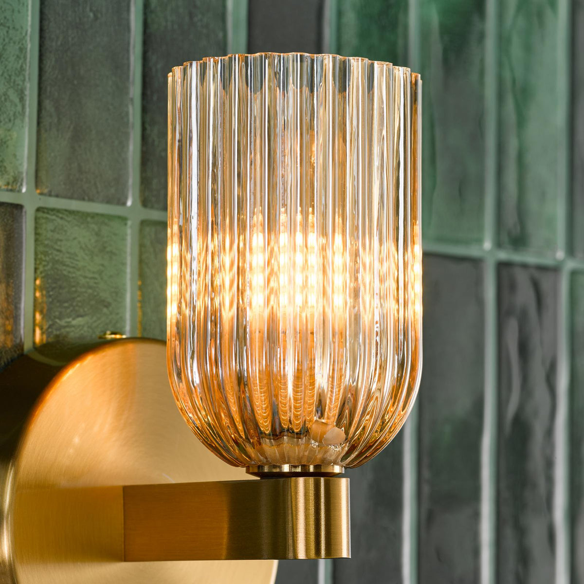 Dar Hilaria Bathroom Wall Light Antique Gold and Amber Ribbed Glass IP44